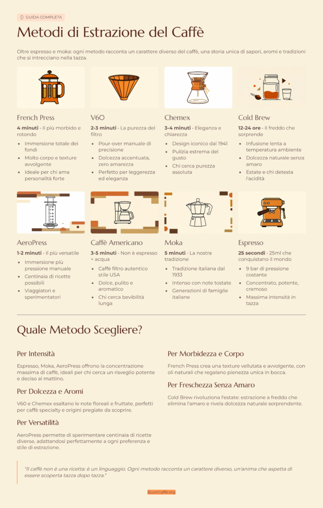 Infografica metodi di estrazione del caffè: confronto di 8 tecniche (French Press, V60, Chemex, Cold Brew, Aeropress, Caffè Americano, Moka, Espresso) con tempi di preparazione, caratteristiche distintive e guida alla scelta per intensità, dolcezza, corpo e versatilità
