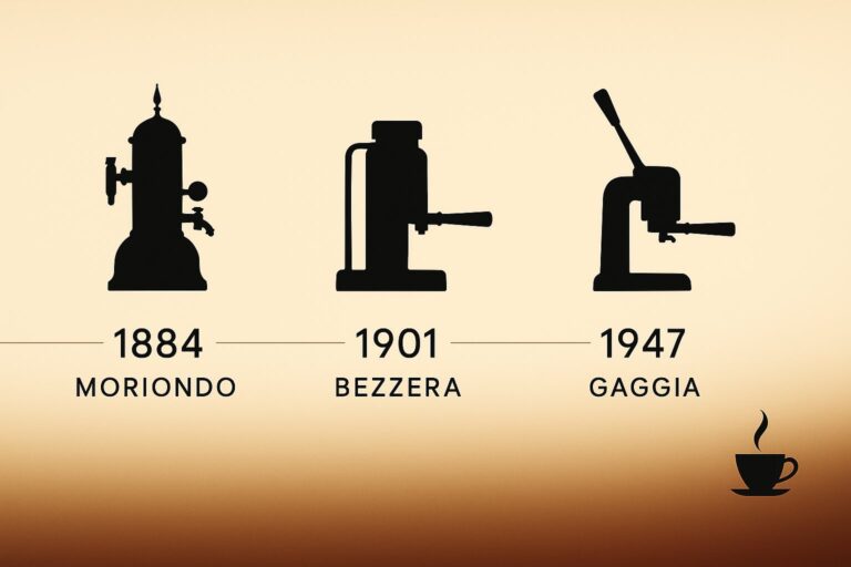Evoluzione delle macchine da caffè espresso: Angelo Moriondo (1884), Luigi Bezzera (1901) e Achille Gaggia (1947)