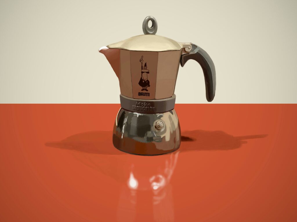 Illustrazione stilizzata della Moka Express Bialetti, icona del design industriale italiano