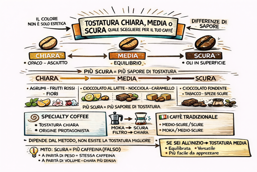 Infografica illustrata in stile sketchnote che confronta tostatura chiara, media e scura del caffè
