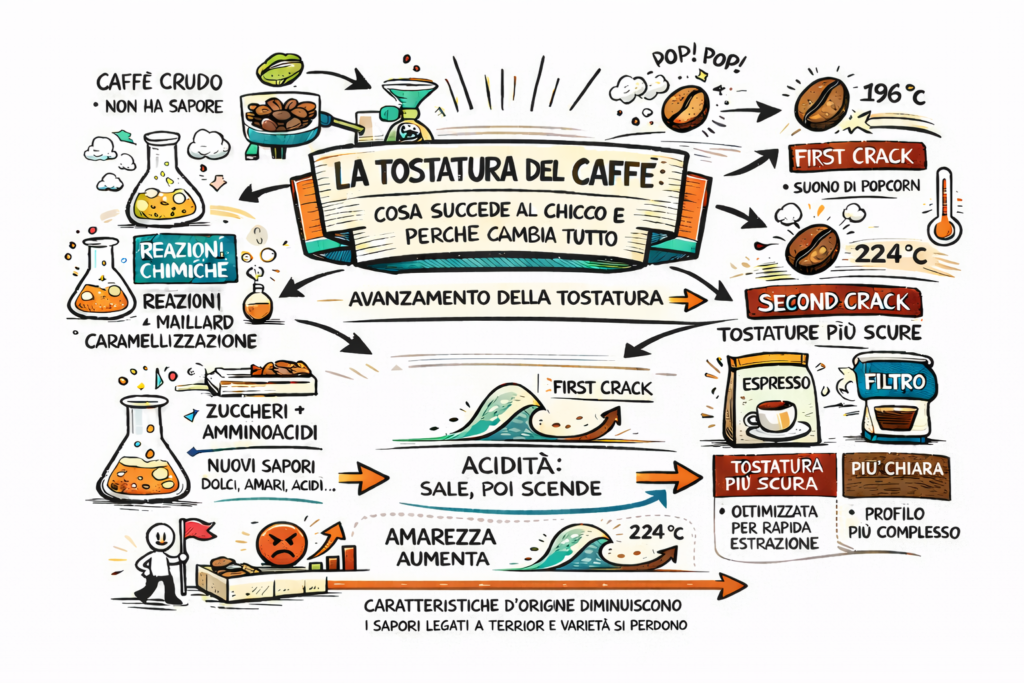 Infografica illustrata in stile sketchnote che spiega la tostatura del caffè